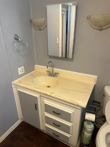 a bathroom with a sink and a mirror