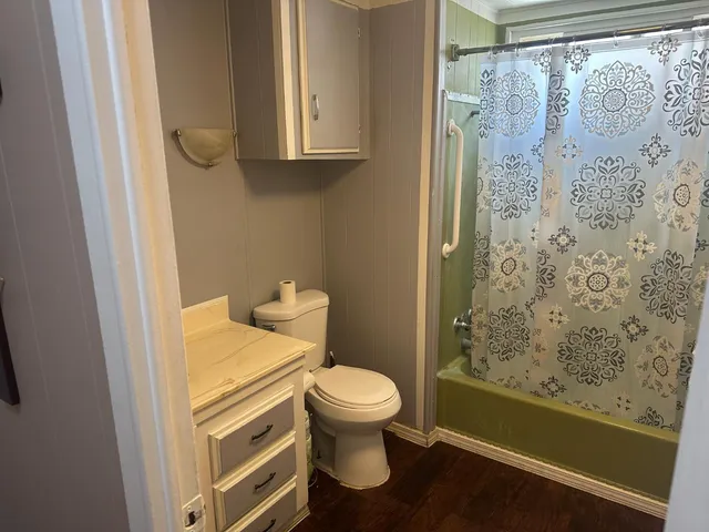 a bathroom with a toilet and a shower curtain