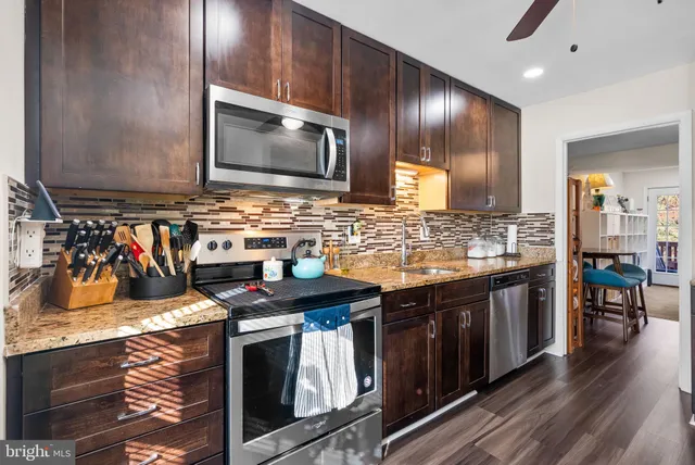 a kitchen with a stove and a microwave