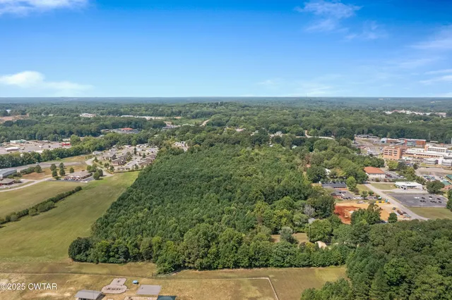 an aerial view of residential houses with outdoor space and trees