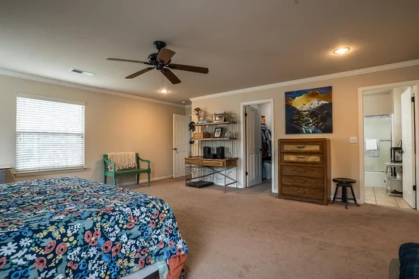 a bedroom with bed and a chandelier fan