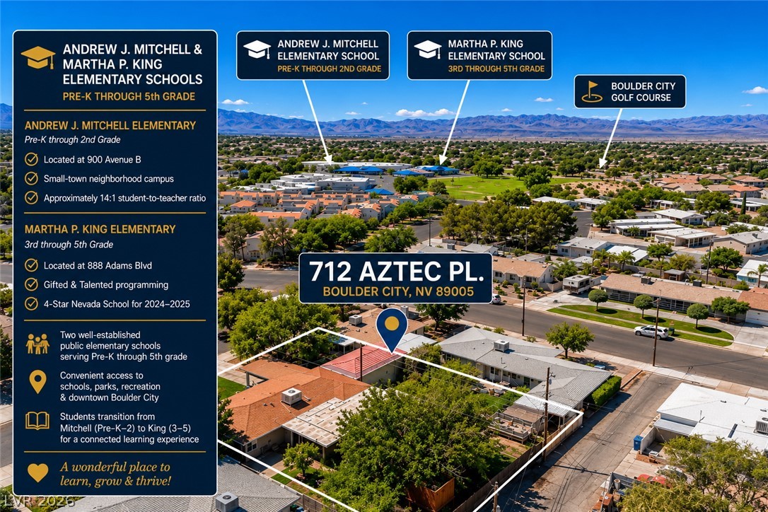 712 Aztec Place Boulder City, NV 89005 - Photo 43 of 46 An aerial perspective showcases a residential neighborhood with surrounding schools and a golf course.