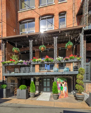 a view of people sitting in front of shop