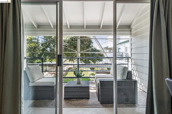 a porch with a window
