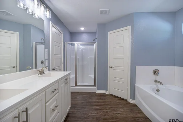 a bathroom with a tub sink double vanity and a mirror