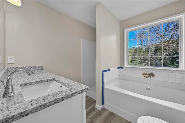 a bathroom with a granite countertop sink and a bathtub