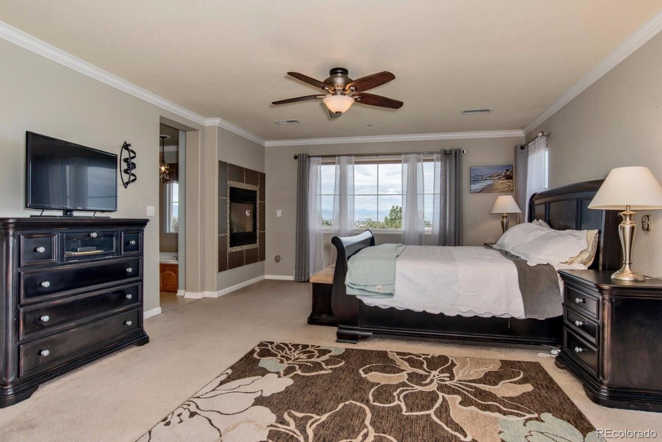10685 Wynspire Road Highlands Ranch, CO 80130 - Photo 11 of 29 a bedroom with a large bed and a flat tv screen on dresser