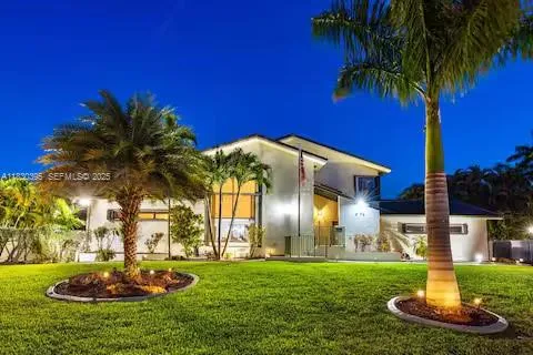 a view of a backyard with plants and palm tree