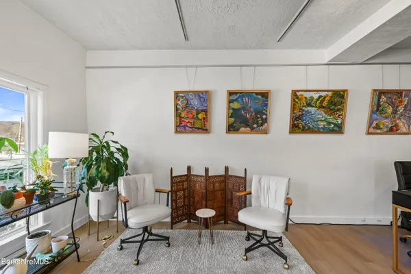 a view of a workspace with furniture and a potted plant