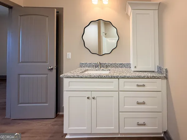 a bathroom with a sink vanity and a mirror
