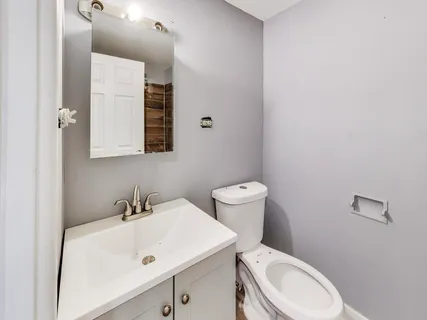 a bathroom with a sink a toilet and mirror