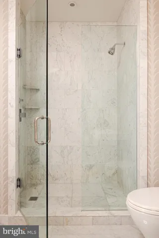 a bathroom with a shower and a toilet