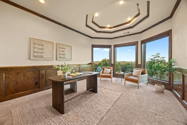 a balcony with furniture and a potted plant