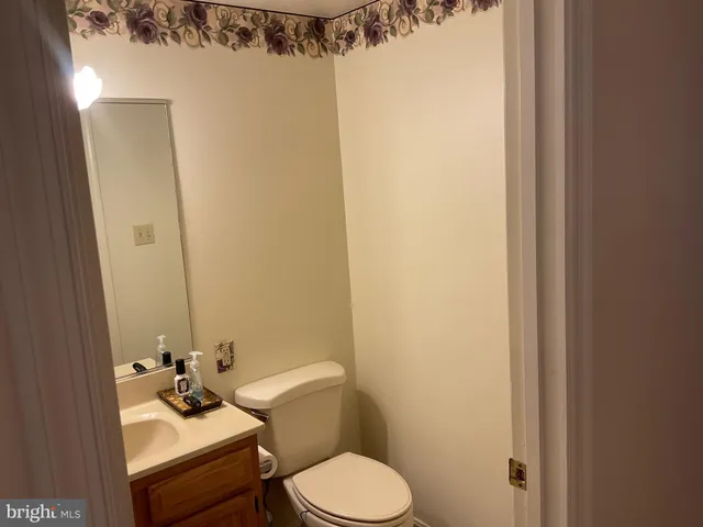 a bathroom with a sink mirror vanity and toilet