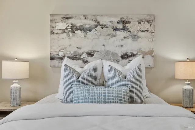 a front view of a house with a bed