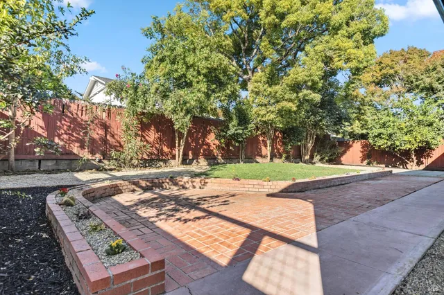 a view of a backyard with large trees