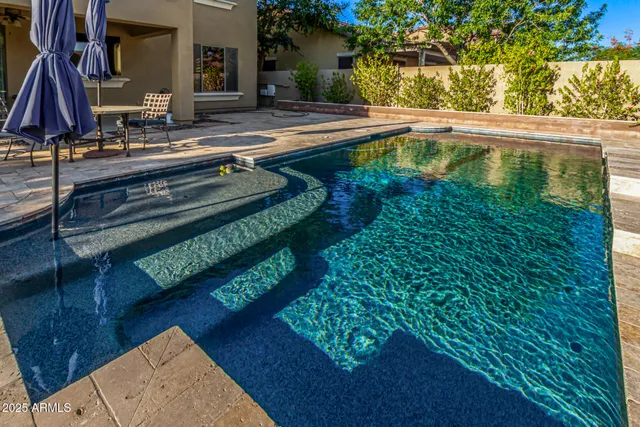 an aerial view of a house with a yard potted plants and large tree