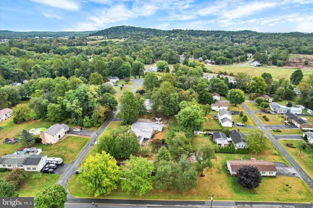 an aerial view of residential houses with outdoor space and trees