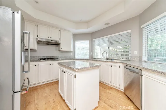 a kitchen with stainless steel appliances granite countertop a stove a sink and a refrigerator