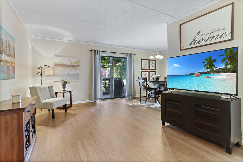 1233 Chalet Road, Unit 101 Naperville, IL 60563 - Photo 2 of 17 a living room with furniture and a flat screen tv