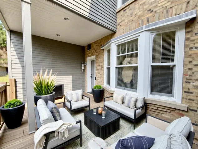 a view of a patio with couches and a potted plant