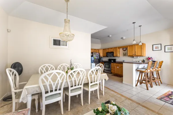a view of a dining room with furniture
