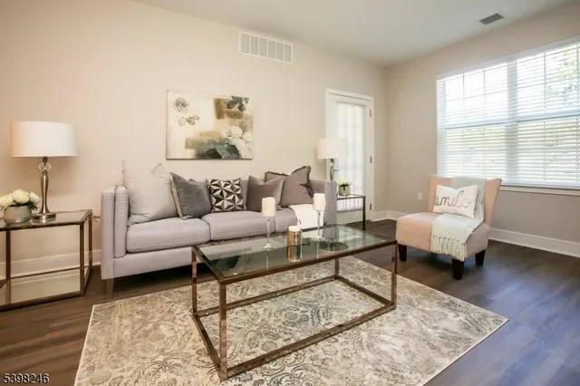 a living room with furniture and a rug