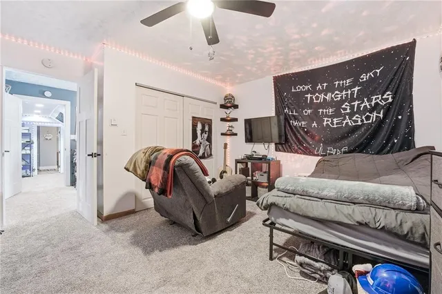 a living room with furniture a ceiling fan and a rug