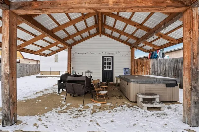 an outdoor space with furniture