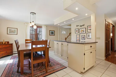a view of a dining room with furniture