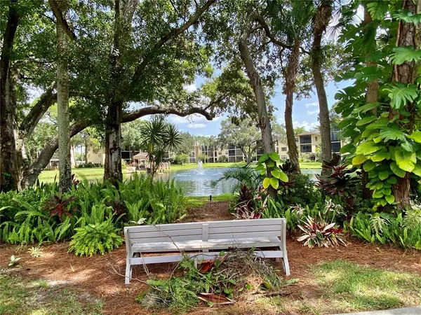 a view of a bench in a garden
