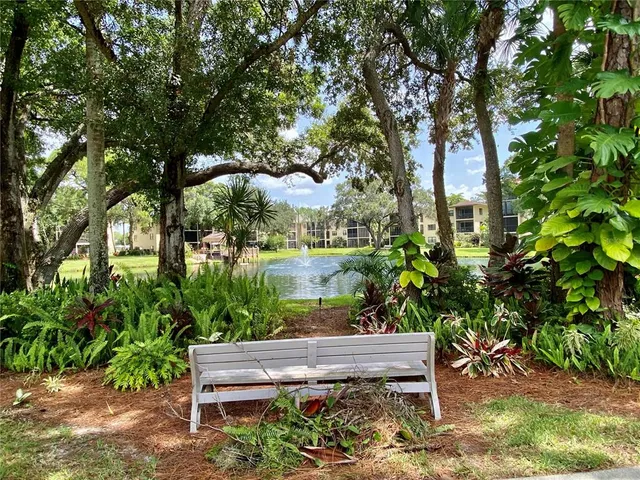 a view of a bench in a garden