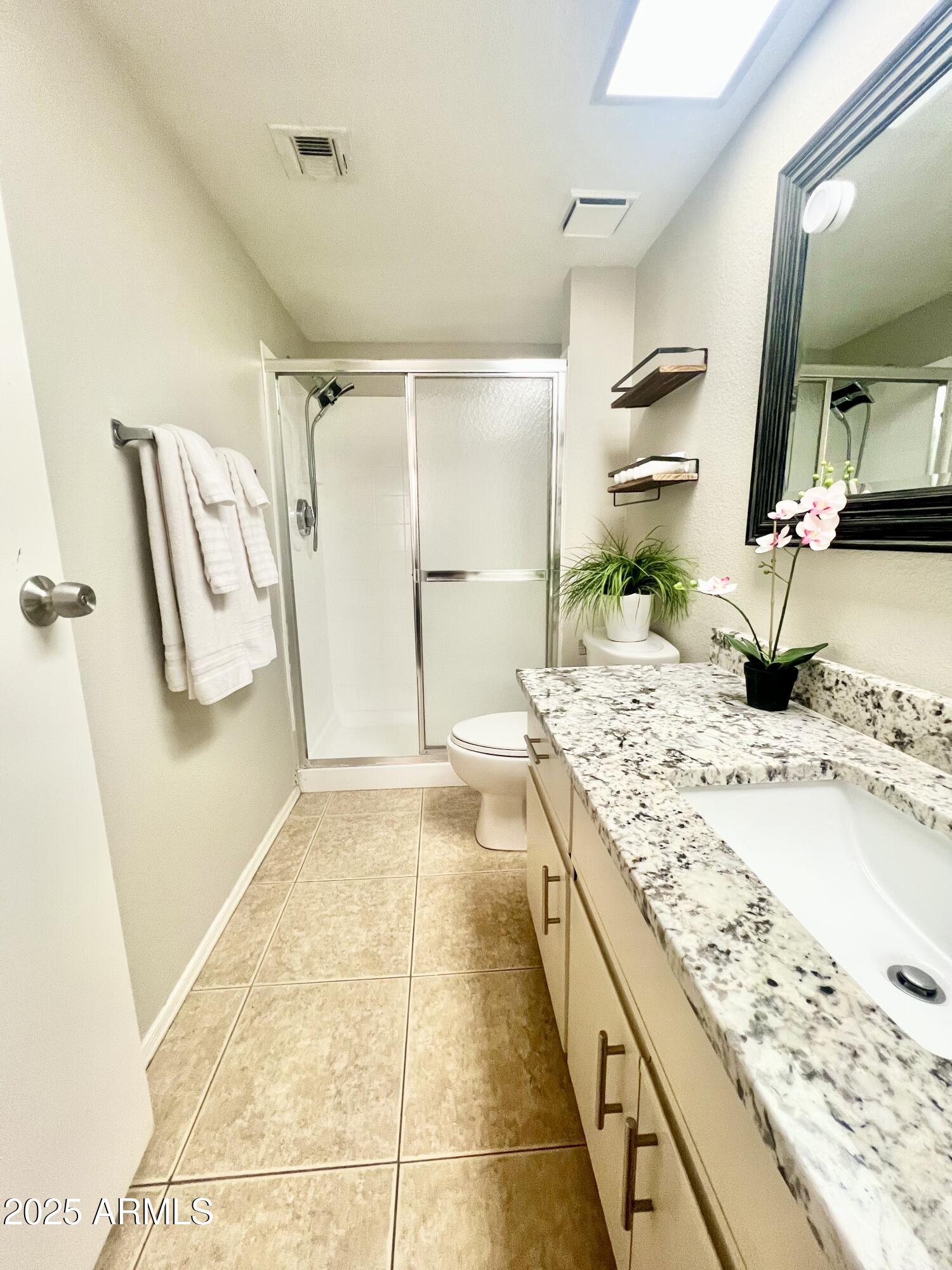 2855 South Ext Road, Unit 220 Mesa, AZ 85210 - Photo 18 of 40 a bathroom with a granite countertop sink a mirror and shower