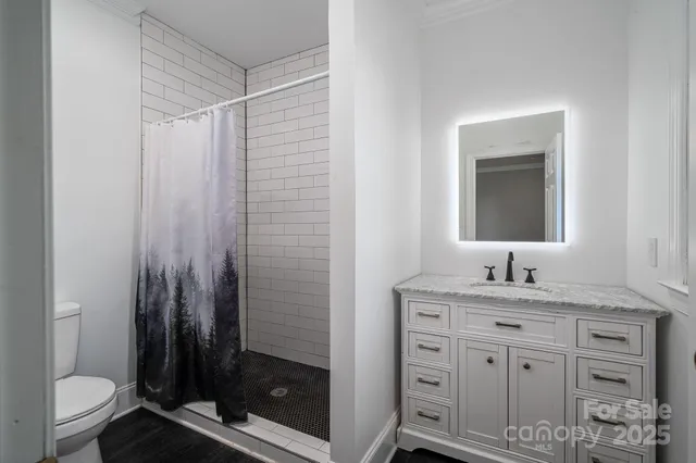 a bathroom with a granite countertop sink toilet and shower
