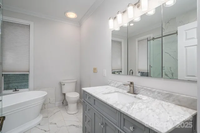a bathroom with a granite countertop sink a toilet and bathtub