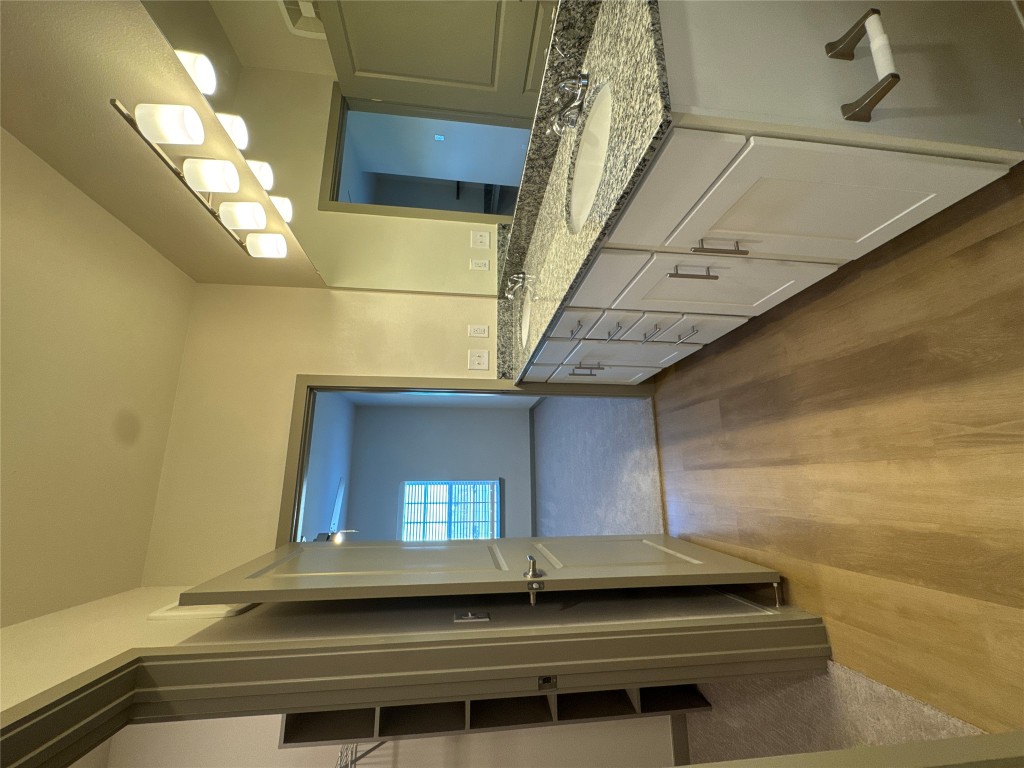 691 Union Chapel Road, Unit B1 Cedar Creek, TX 78612 - Photo 11 of 28 Bathroom featuring double vanity, light wood-style floors, a spacious closet, and light colored carpet