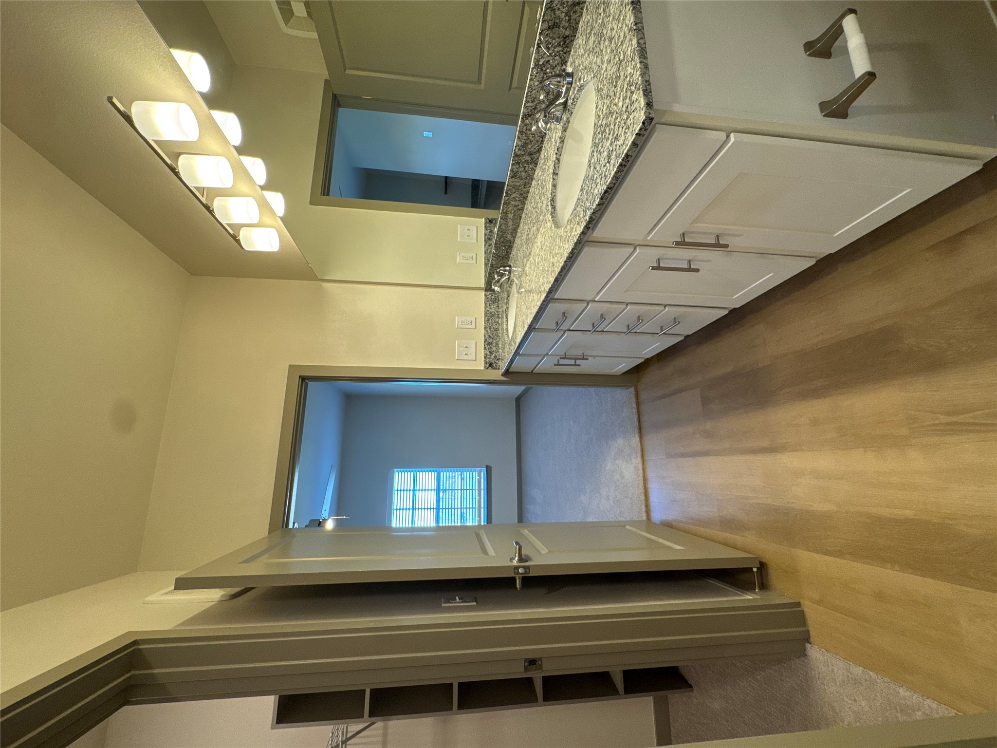 691 Union Chapel Road, Unit B1 Cedar Creek, TX 78612 - Photo 11 of 28 Bathroom featuring double vanity, light wood-style floors, a spacious closet, and light colored carpet