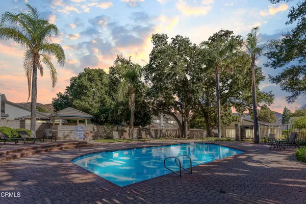 a view of swimming pool with lawn chairs and plants