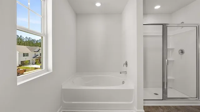 a bathroom with a bathtub and a shower