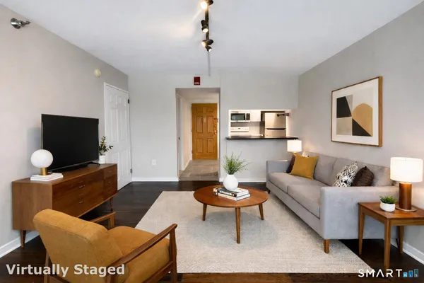 a living room with furniture a rug and a flat screen tv