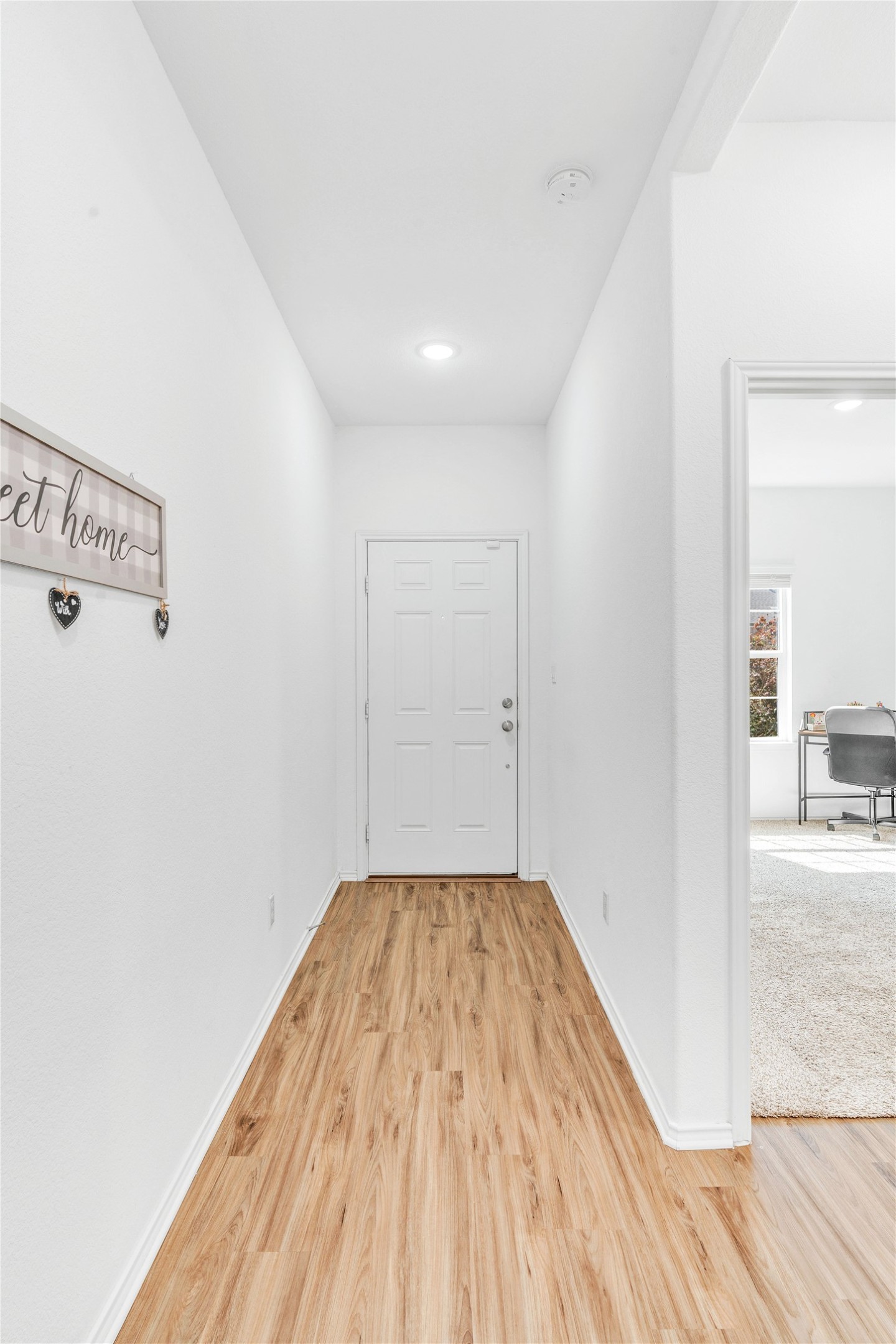 212 Saddle Mountain Road Georgetown, TX 78628 - Photo 5 of 30 Enter into a light-filled corridor featuring warm wood-tone flooring leading to a pristine white entry door.