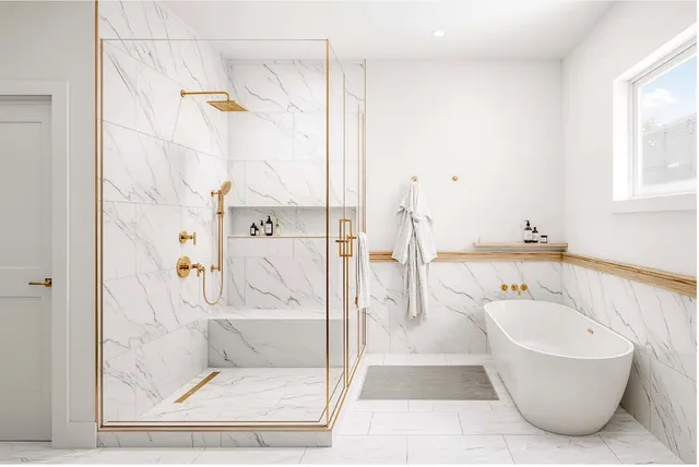 a bathroom with a tub a sink and a window