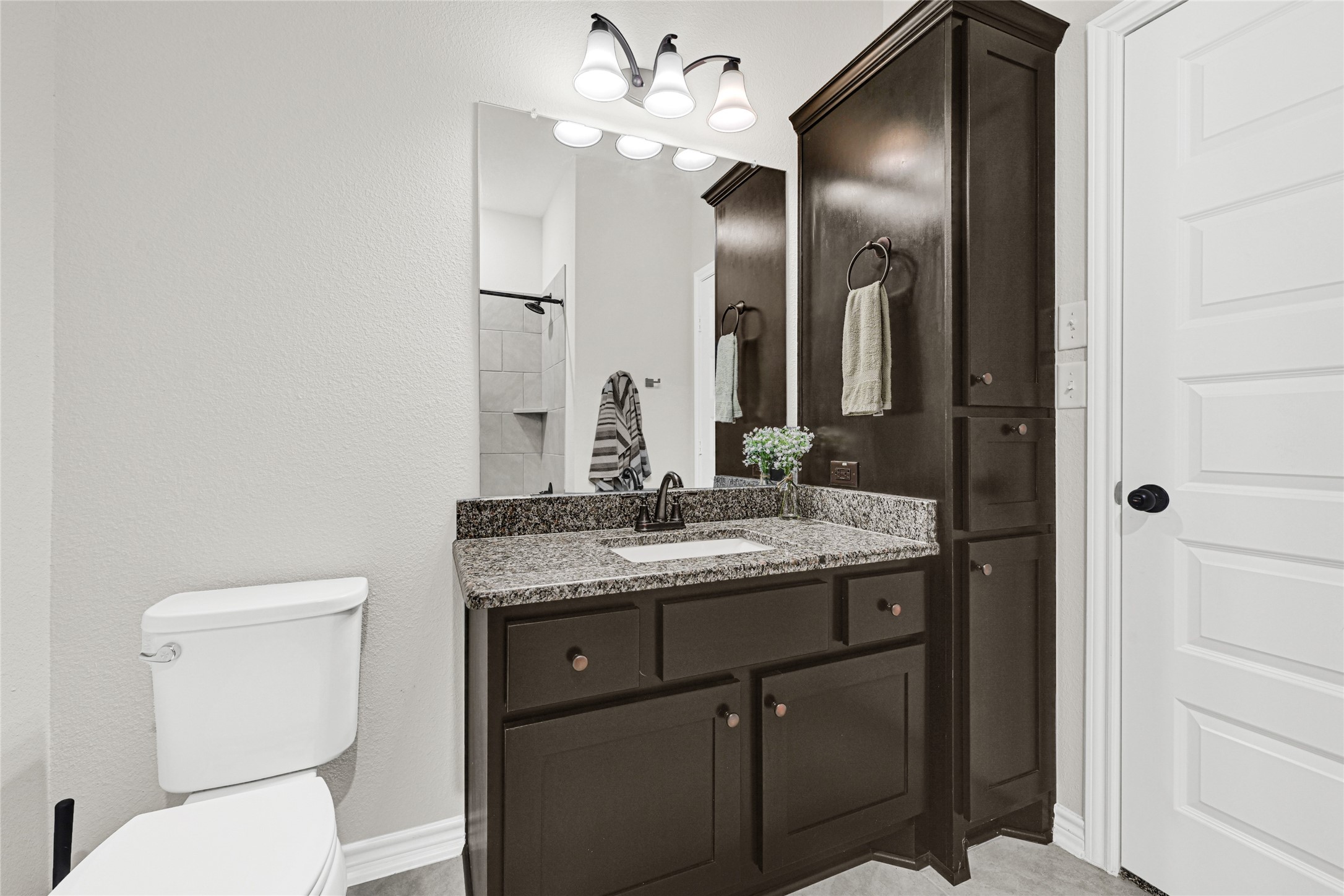 2256 West Bayshore Road Anahuac, TX 77514 - Photo 27 of 34 a bathroom with a granite countertop toilet sink and mirror