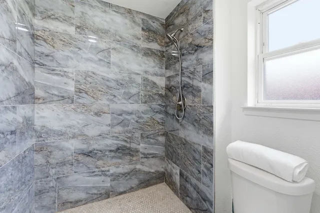 a bathroom with a toilet and a shower