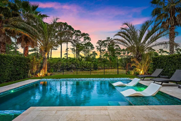 a view of swimming pool with lounge chair and trees in the background