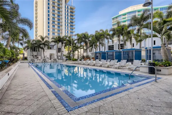 a swimming pool with outdoor seating and yard