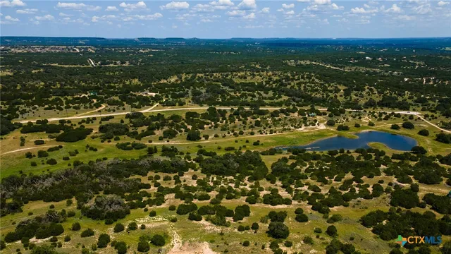 an aerial view of residential houses with outdoor space and trees