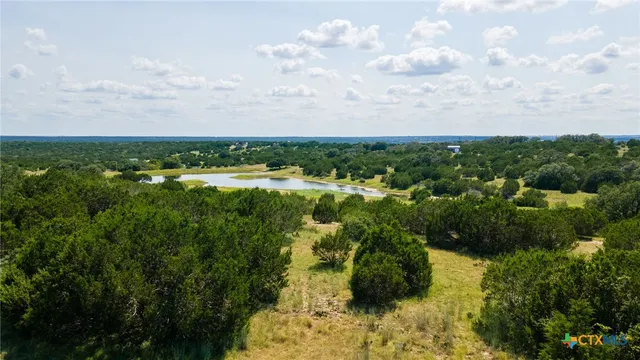 a view of a lake with houses in back