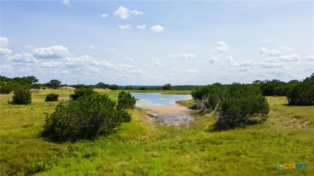 a view of a lake with houses in the back