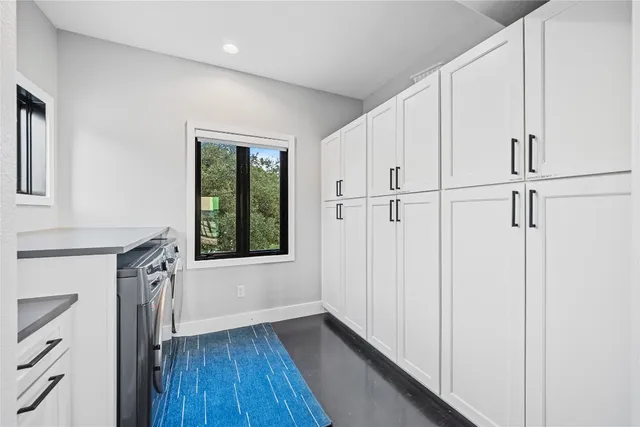 a view of a road from a big room